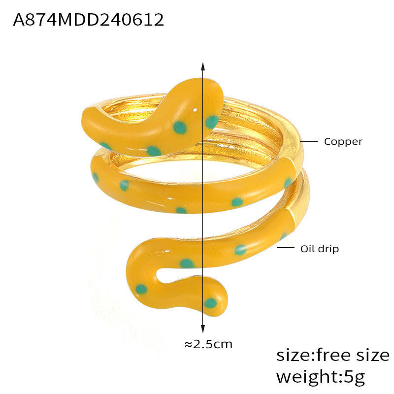 Wholesale Bohemian style color oil drop snake copper ring ins sweet cool hot girl open finger ring color retention in stock supply